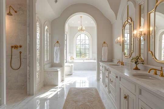 Sophisticated white bathroom foyer with ornate mirror and seating image