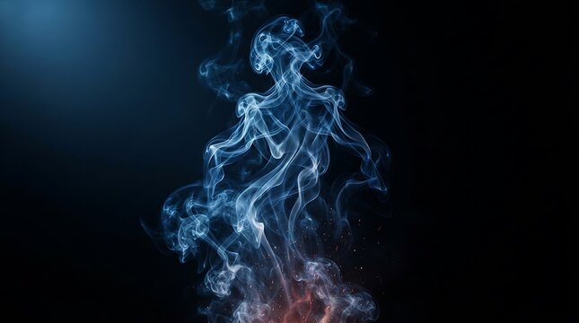 Ethereal smoke forming a human figure against a dark background creating a ghostly and mysterious atmosphere for conceptual designs