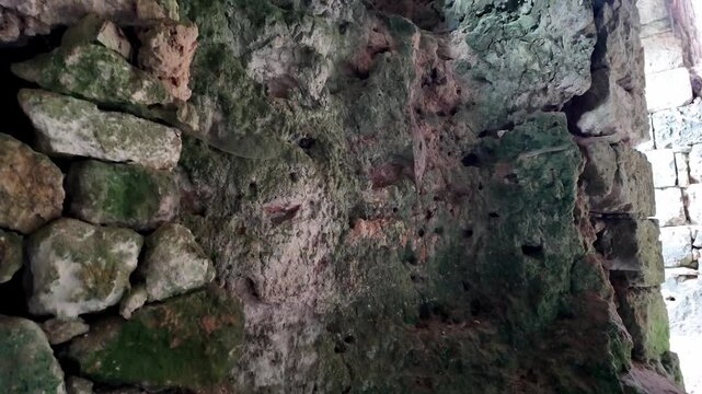 Xemxija, Malta 29.07.2026 - Heritage trail, Roman Baths, shelf like cut in the stone Dark cave walls show rough, textured surfaces. Greenish moss grows on damp, uneven stone. Light filters through nar