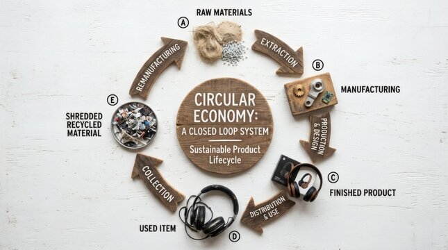 Circular economy diagram illustrating sustainable product lifecycle from raw materials to recycling