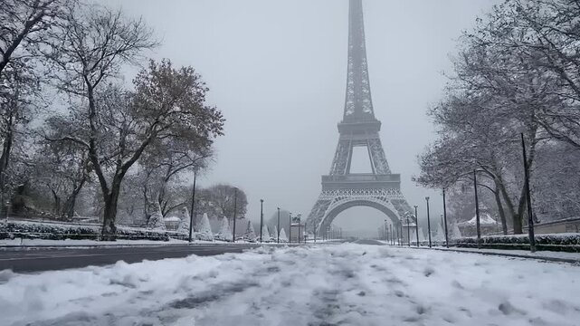 Paris, France, Europe. A winter scene features the Eiffel Tower in Paris, France. The iconic structure stands tall against a misty backdrop. The scene is blanketed in a thick layer of snow.