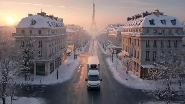 Paris, France, Europe. A panoramic view of a snowy Parisian street at sunset, with the Eiffel Tower visible in the background. The street is lined with classic Europeanstyle buildings.