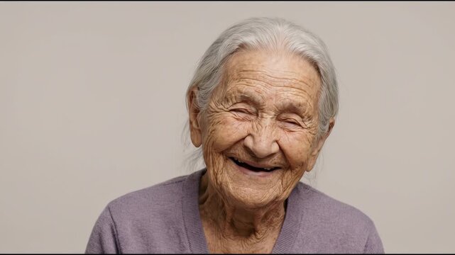 Elderly Woman with Wrinkled Skin and Gray Hair Laughing Joyfully on Neutral Background a Timeless Expression of Happiness and Connection
