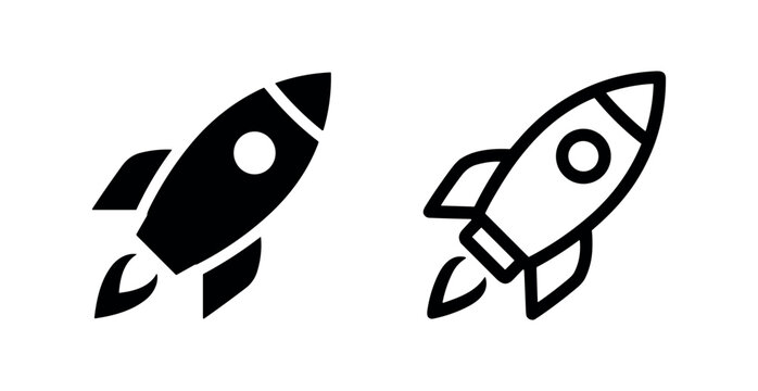 Rocket icon set in solid and outline styles, symbolizing startup, business growth, speed, and launch.