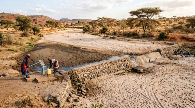 Two women collect water from a hand pump in a dry riverbed