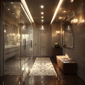 Spa inspired bathroom with dark tones and elegant fixtures photography