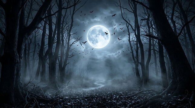 Spooky full moon shining over a dark mysterious forest with silhouettes of flying bats at night