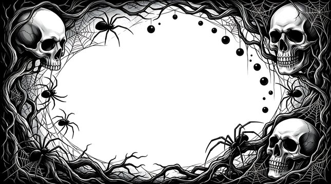 Spooky gothic border featuring scary human skulls and detailed creepy spider webs for holiday themes