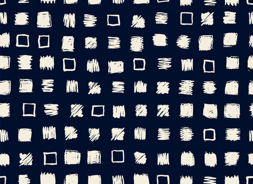 Doodled rectangles seamless repeat pattern on dark blue background. Retro, Scribbled Vector geometry aop, all over surface print.