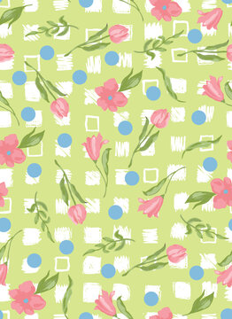 Scribbled retro white check pattern with polka dots and aquarell botanical elements seamless repeat pattern. Hand drawn, vector flowers with leaves aop all over surface print on lime green background.
