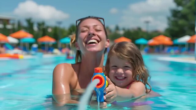 Summer hot vibe lifestyle. A vibrant, candid shot of a mother and her young daughter in a swimming pool. The mother, with her blonde hair tied back in a ponytail, wears sunglasses on her head.