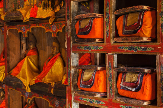 A folios of old manuscripts in library of Thiksey Gompa (Tibetan Buddhist Monastery). Ladakh, India