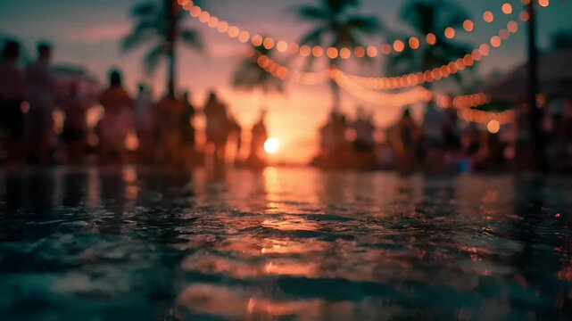 Summer hot vibe lifestyle. A vibrant, sunsetthemed photograph captures a beach scene. The main subject is a group of people silhouetted against the setting sun. The setting sun casts a warm.