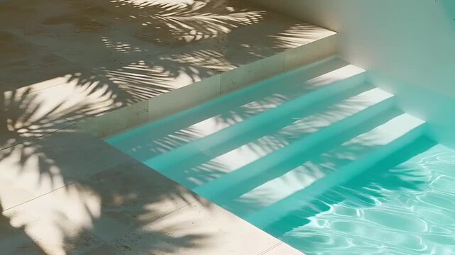 Summer hot vibe lifestyle. A vivid, highresolution photograph of a modern indoor swimming pool. The pool is rectangular in shape and has clear, turquoise water reflecting the surrounding environment.