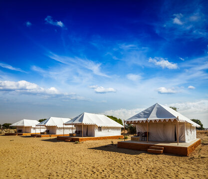 Scene featuring tourist tent camp in desert. Jaisalmer, Rajasthan, India