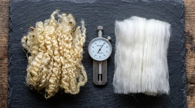 Comparison of raw wool and processed fibers with a micron gauge