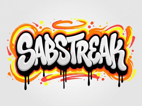 Sabstreak graffiti text with colorful splatter and dripping paint effect