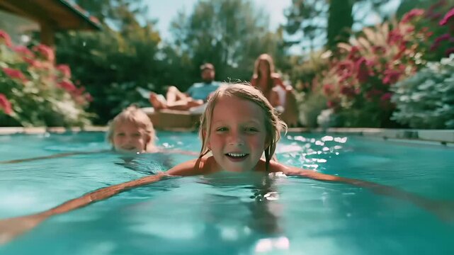 Summer hot vibe lifestyle. A candid shot of a young girl swimming in a pool. She is in the foreground, her face lit up with a wide smile, revealing her teeth. The pool is a vibrant turquoise.