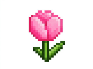 Fototapeta premium A simple pixel art of a pink tulip flower with a green stem and leaves AI generative