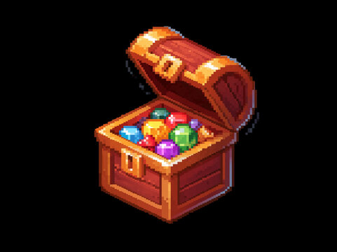 A pixel art illustration of an open treasure chest filled with colorful gems and gold AI generative