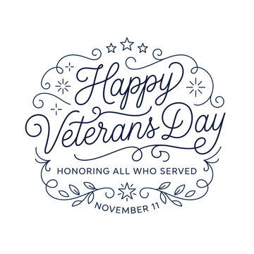 Happy veterans day lettering design with decorative elements isolated on transparent background