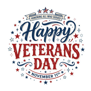 Happy veterans day greeting card design, honoring all who served, isolated on transparent background