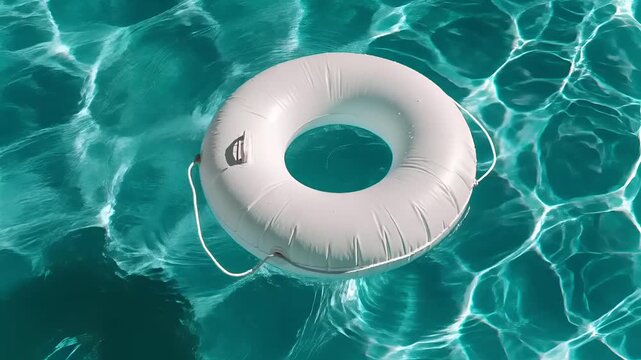 Summer hot vibe lifestyle. A topdown view of a swimming pool shows a white inflatable ring floating in clear turquoise water. The ring has a small black logo on its side.