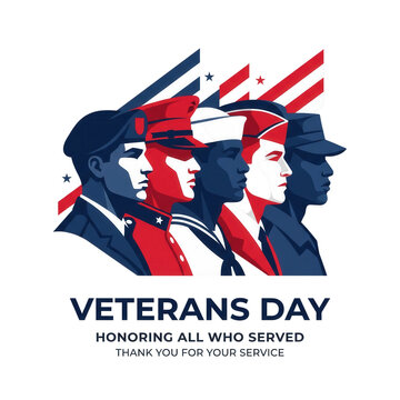 Veterans day illustration with soldiers in uniform honoring all who served isolated on transparent background