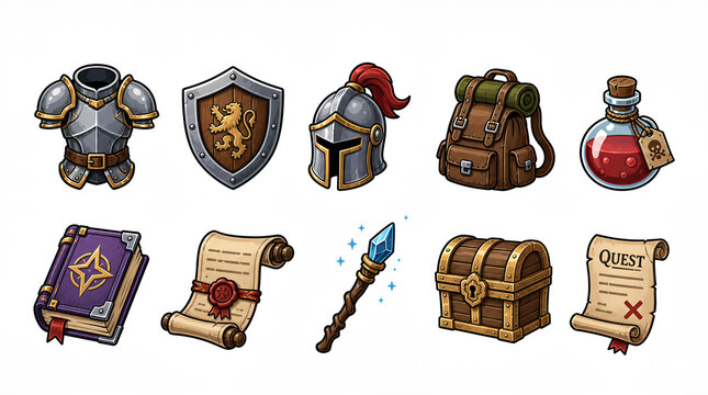 Professional fantasy adventure color UI icon pack featuring 10 vibrant vector RPG equipment and quest symbols for games, web, mobile, dashboards, and graphic design projects.
