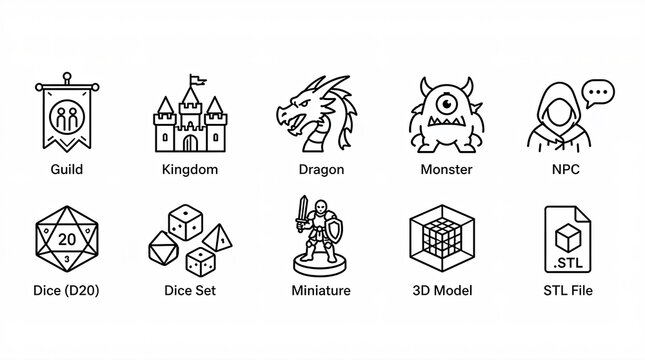 Professional fantasy character UI icon pack featuring 10 flat vector RPG character management symbols for web, mobile, game interfaces, dashboards, and graphic design projects.