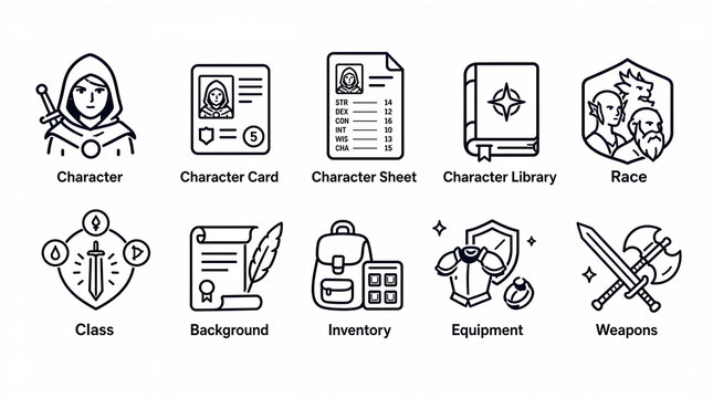 Professional fantasy character UI icon pack featuring 10 flat vector RPG character management symbols for web, mobile, game interfaces, dashboards, and graphic design projects.
