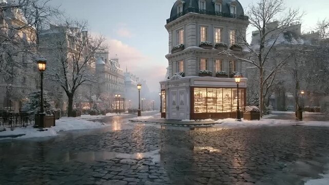 Paris, France, Europe. A detailed, realistic depiction of a Parisian winter scene. The main subject is a grand, ornate building with a prominent Eiffel Tower in the background.