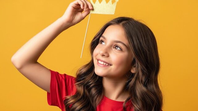 A young girl holding a golden crown prop against a yellow background