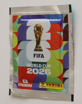 Norwich, United Kingdom &ndash; June 8, 2026: Everyday retail and consumer life Colorful fifa world cup panini sticker packet with trophy design with panini stickers