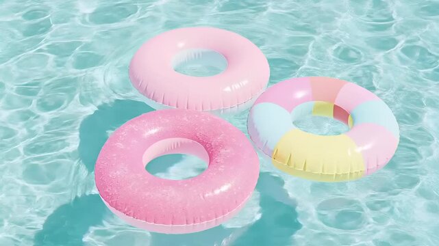 Summer hot vibe lifestyle. A vibrant, topdown view of a swimming pool shows three inflatable rings floating in clear, turquoise water. The left ring is pink, the middle ring is yellow.
