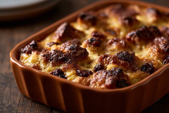 Rustic cinnamon raisin bread pudding baked in a brown ceramic dish, showcasing a golden-brown crust and dark raisins, placed on a wooden table with a plate in the background
