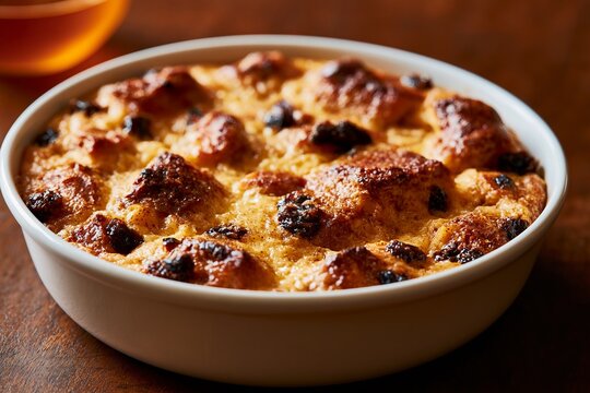Rustic cinnamon raisin bread pudding in a white ceramic dish on a wooden surface, with a warm golden hue from honey in the background