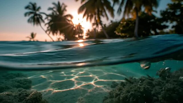Summer hot vibe lifestyle. A vivid, highresolution photograph captures a serene tropical beach scene at sunset. The sun casts a warm, golden glow over the water.