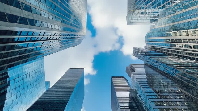 Modern Skyscrapers Architecture - Upward Perspective of Downtown Business District with Blue Sky and Clouds