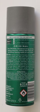 Norwich, United Kingdom &ndash; June 8, 2026: Everyday retail and consumer life Brut original deodorant can with recycled plastic cap with ingredients recycling information