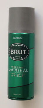 Norwich, United Kingdom &ndash; June 8, 2026: Everyday retail and consumer life Classic green brut deodorant can with silver cap with plain white background