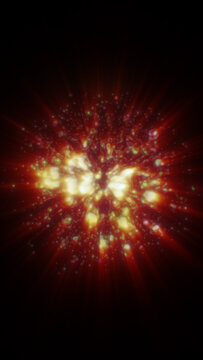 Fiery red and yellow abstract explosion with glowing particles, radiant burst, and intense plasma energy on a dark background.