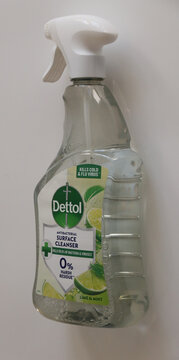 Norwich, United Kingdom &ndash; June 8, 2026: Everyday retail and consumer life Clear dettol antibacterial surface cleaner bottle with lime with transparent spray bottle