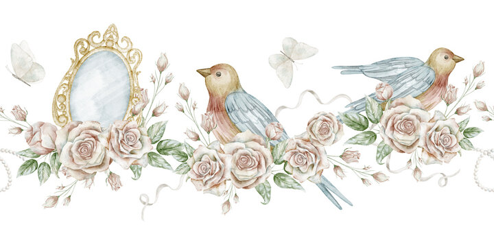 Watercolor seamless Border with Birds, flowers and mirror. Illustration of Romantic vintage pattern with butterflies and ribbons for wedding invitations and feminine frames in pastel colors.