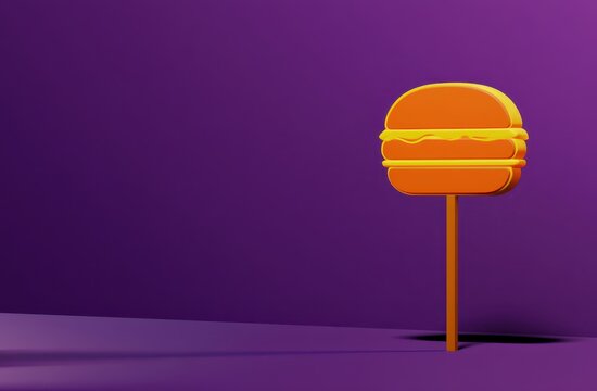 Minimalist 3D burger icon on a stick. Orange fast food lollipop design on purple background.