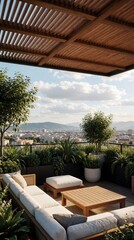 Obraz premium Top view of rooftop terrace with wooden pergola, comfortable sofa set. Green potted plants surround modern patio area overlooking city buildings, mountains. Sunny outdoor lounge space provides