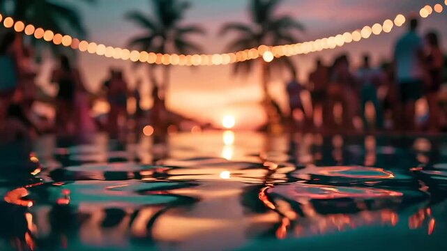 Summer hot vibe lifestyle. A vibrant, sunsetthemed photograph captures a serene beach scene. The main subject is a calm pool reflecting the warm, golden light of the setting sun.