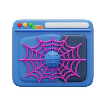 3d rendered purple spider web on a blue background with a web browser icon