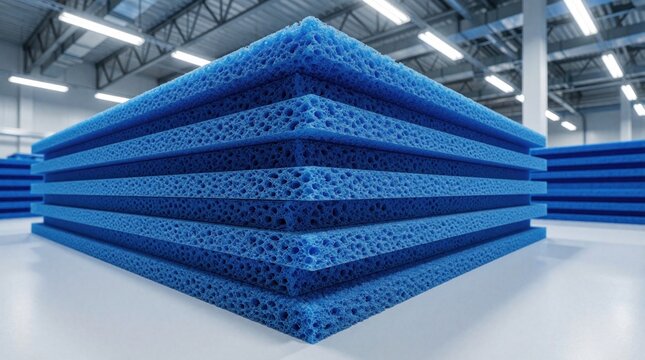Stacked sheets of blue synthetic foam lie inside industrial warehouse facility. Porous layers create textured geometric patterns for construction manufacturing applications. Square segments form