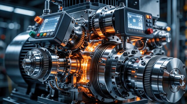 Modern electric motor block with digital control panel for industrial machinery. Precision metal mechanical components, shiny steel gears operate in factory setting. Automated electronic device